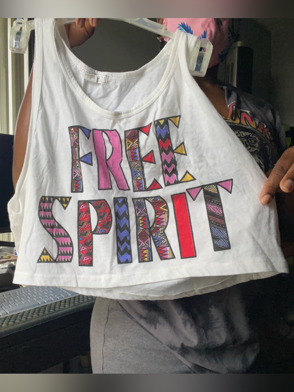 Forever 21 White Crop Tank with Multicolor 'FREE SPIRIT' Graphic